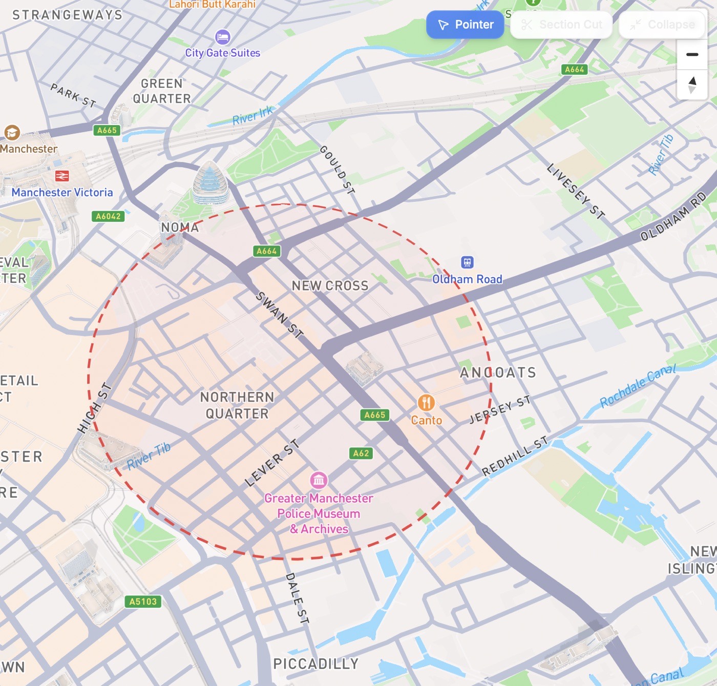 Map of the Ancoats area of Manchester around the example site