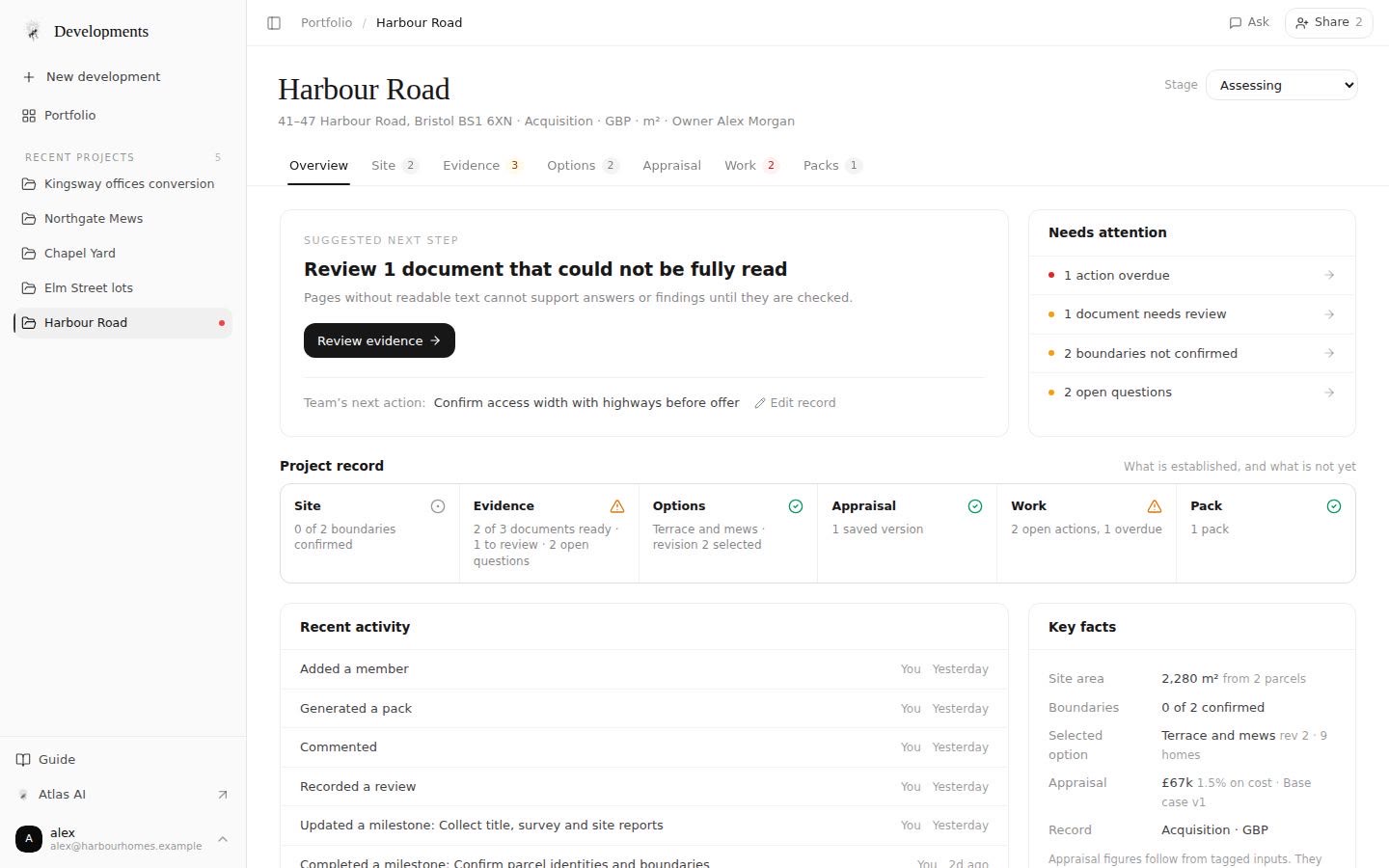 Developments project overview for Harbour Road, showing the suggested next step, the project record and what needs attention