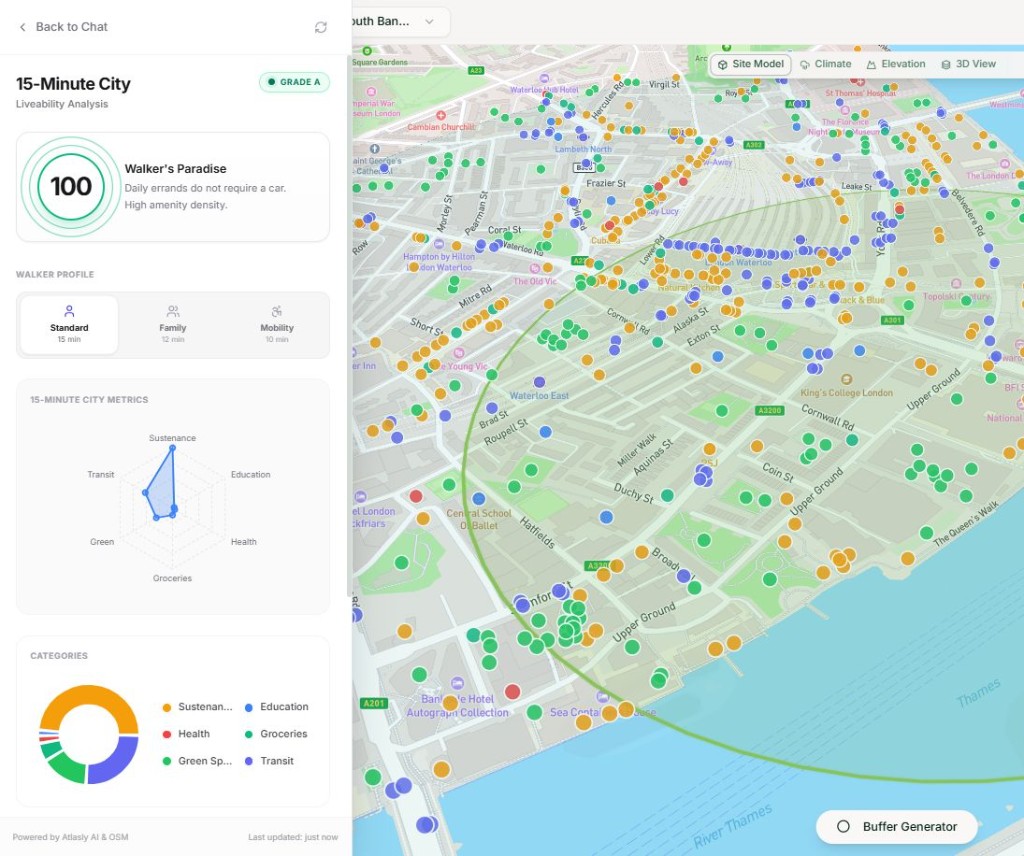 15-Minute City liveability analysis: walk score, metrics and map with amenity overlays in London