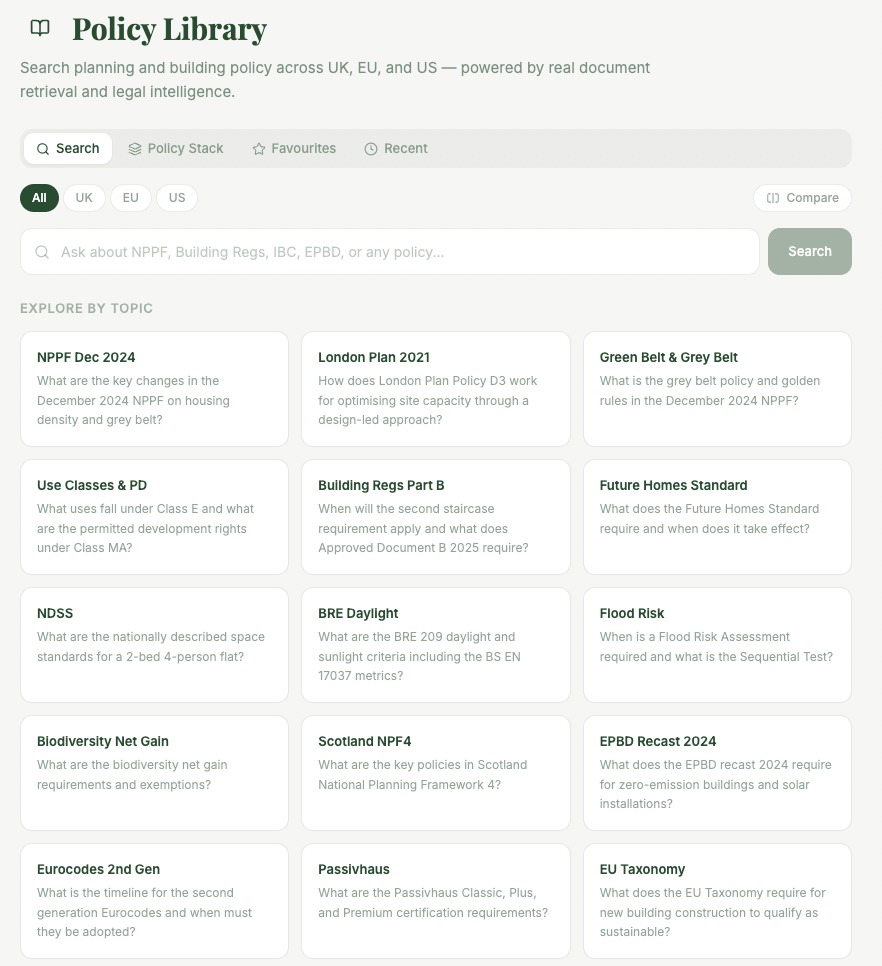 Policy Library: search and explore planning topics including NPPF, Building Regulations, and EPBD
