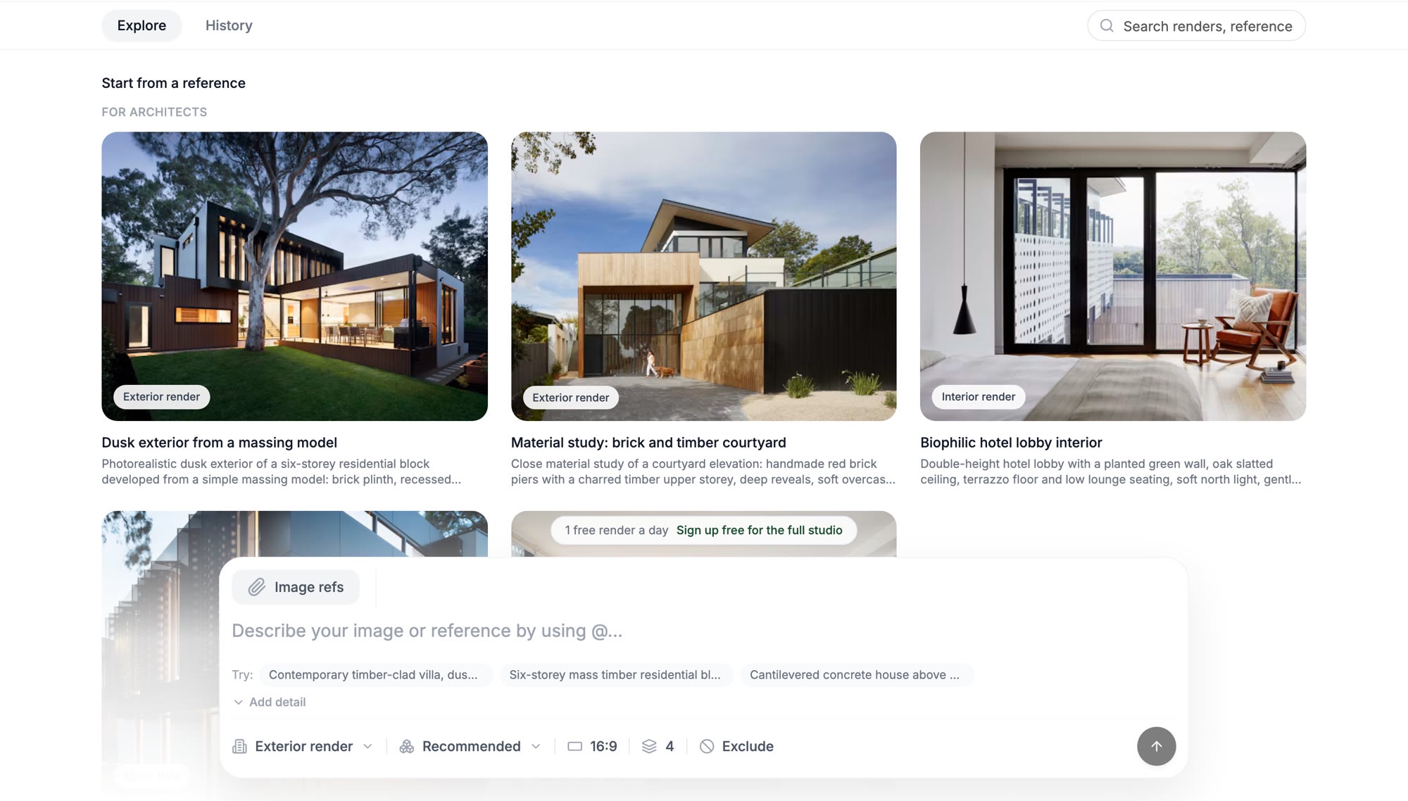 Atlasly Vision: reference renders for architects and a prompt box with render type, model, aspect ratio and number of images
