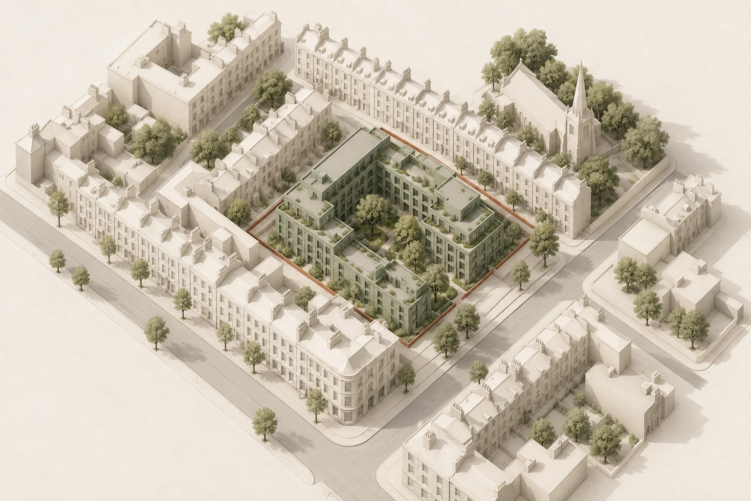 Conceptual courtyard proposal in sage green within a pale architectural city model