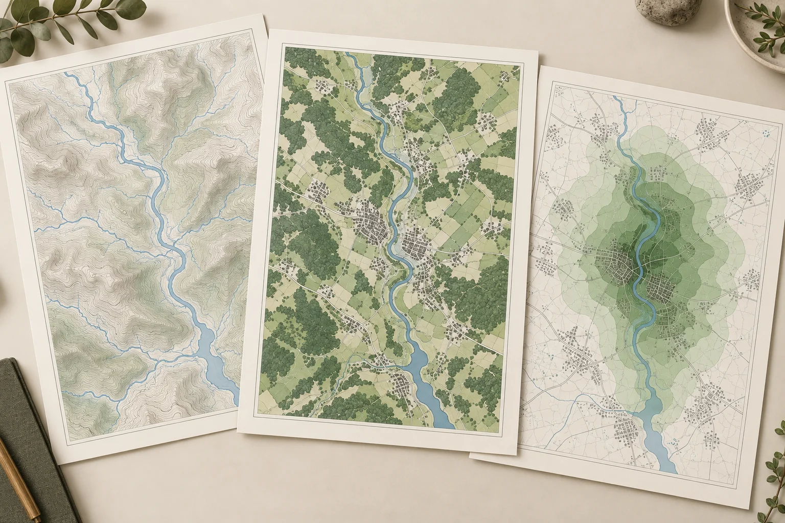 Three conceptual GIS map sheets showing terrain and drainage, land cover, and service accessibility