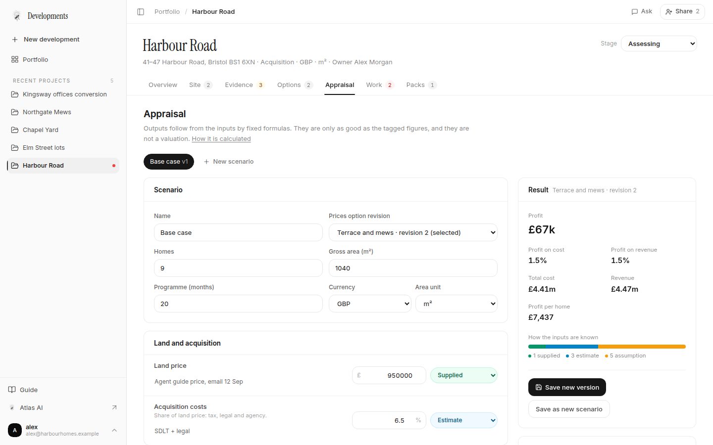 Development appraisal with profit on cost, source-tagged inputs, cost breakdown and sensitivity