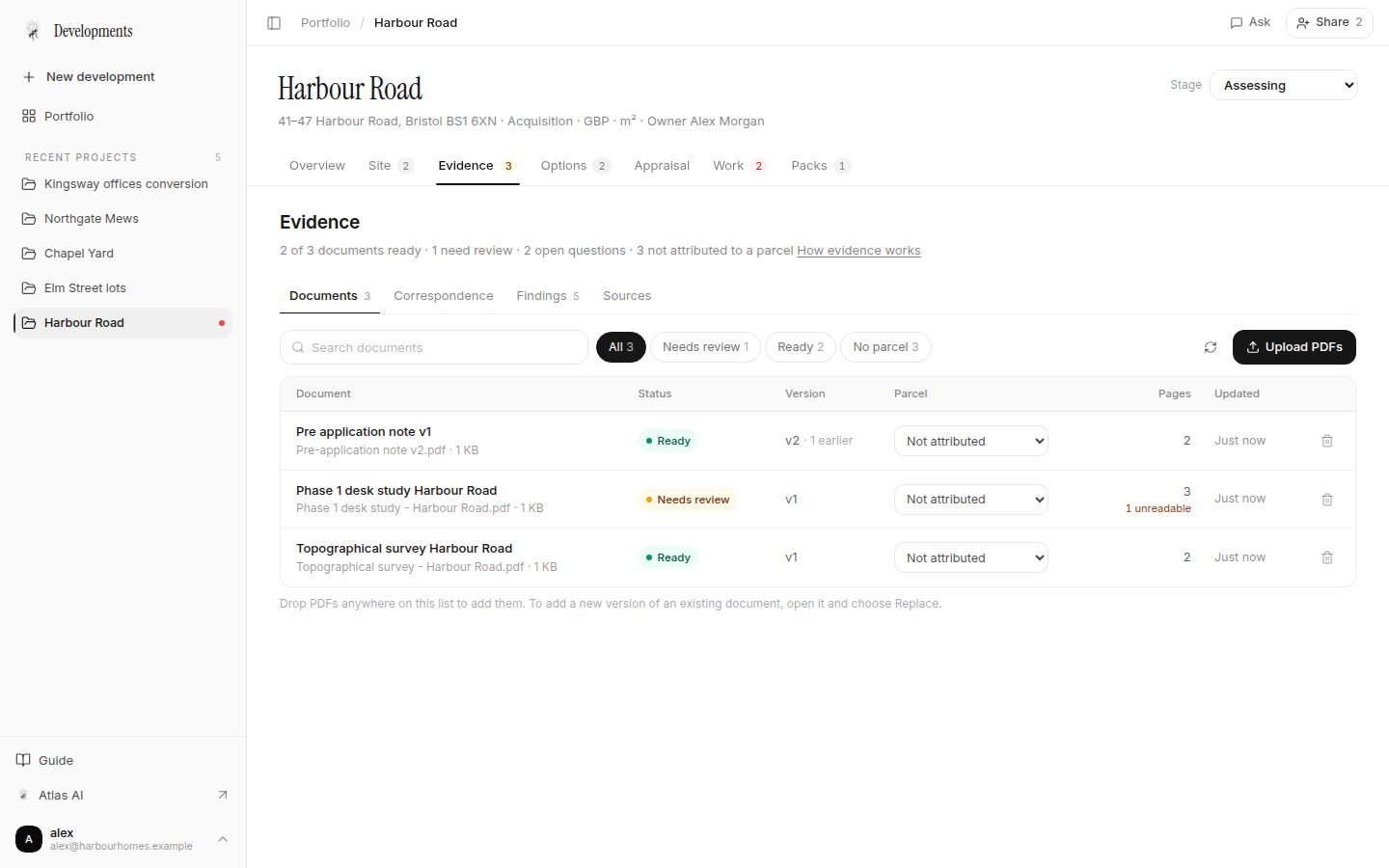 Site due diligence documents listed with readable status, version and parcel