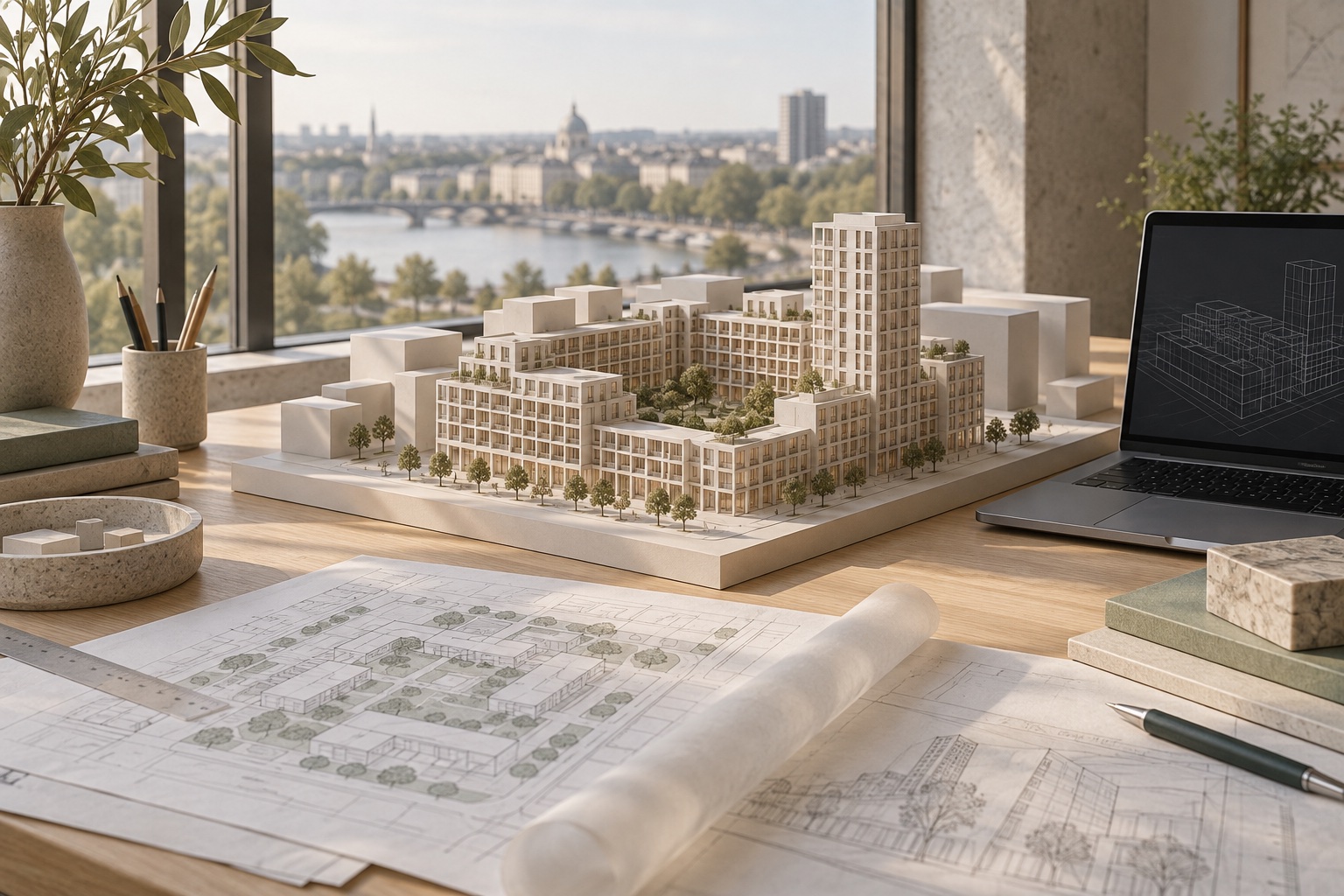Architectural study with a courtyard development, site drawings and digital geometry on a studio desk